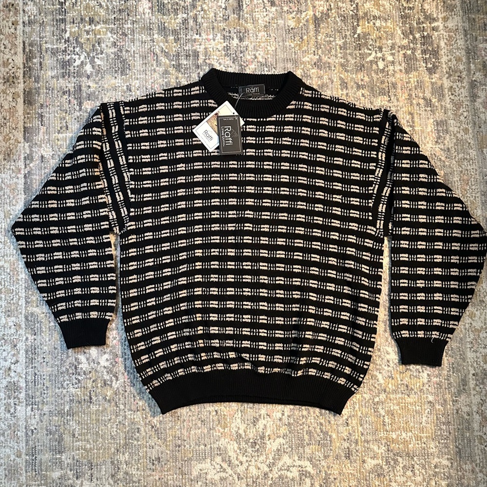 Raffi Linea Uomo Black Cream Geometric Knit Crewneck Sweater Men’s NWT Wool Fall